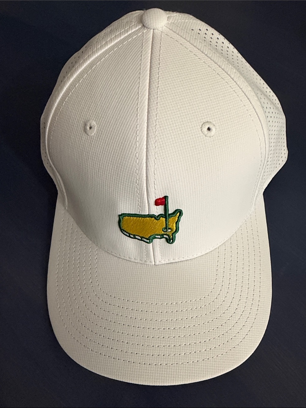 Masters White Golf Hat with Yellow & Green Logo and Red Flag